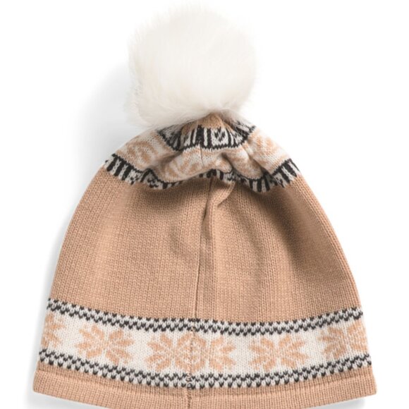 NEW Hannah Rose Merino Wool Snowflake Hat with Faux Pom Pom Camel 267mn - Picture 4 of 5